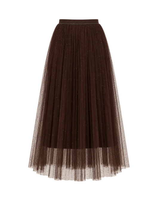 Pleated Tulle Skirt with Rhinestones - Brown