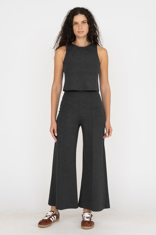Ponte Knit Cropped Wide Leg Pant - Charcoal