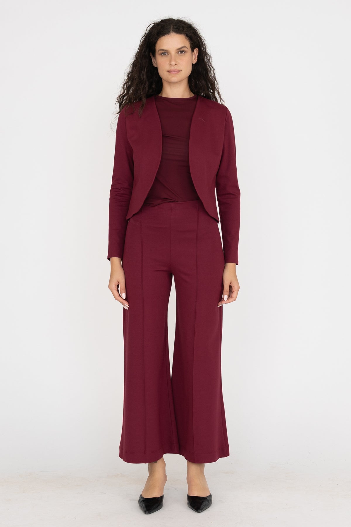 Ponte Knit Cropped Wide Leg Pant - Wine