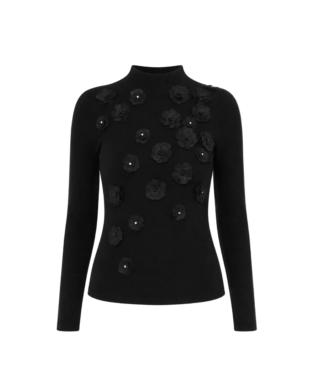 3D Flower Mock Neck Sweater - Black
