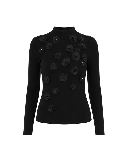 3D Flower Mock Neck Sweater - Black