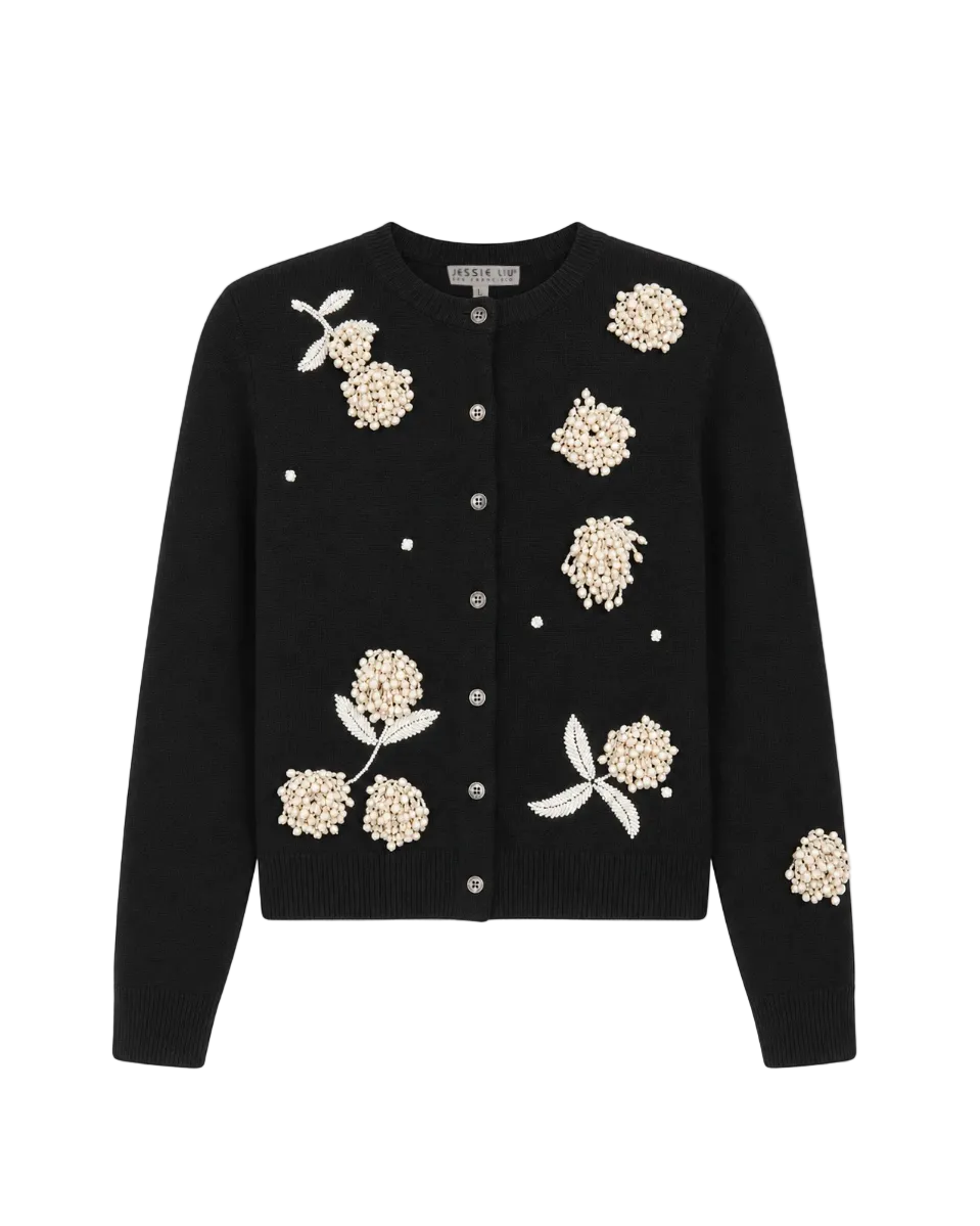 Merino Wool V-Neck Cardigan with Appliques - Black
