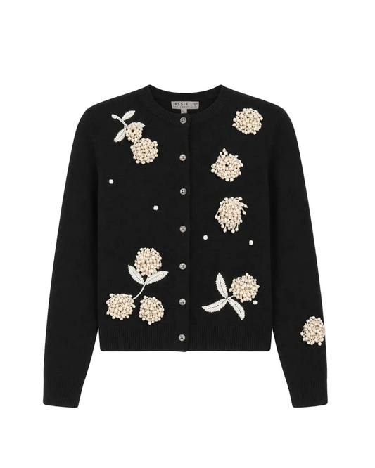Merino Wool V-Neck Cardigan with Appliques - Black