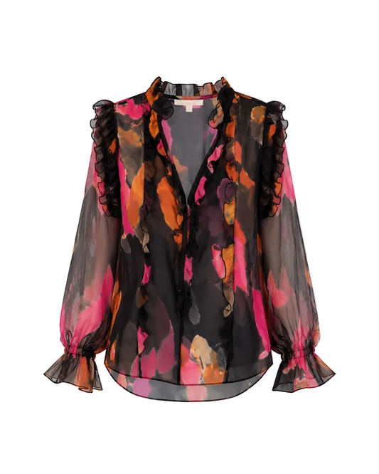 Bianca Ruffle Top - Black Watercolor Floral