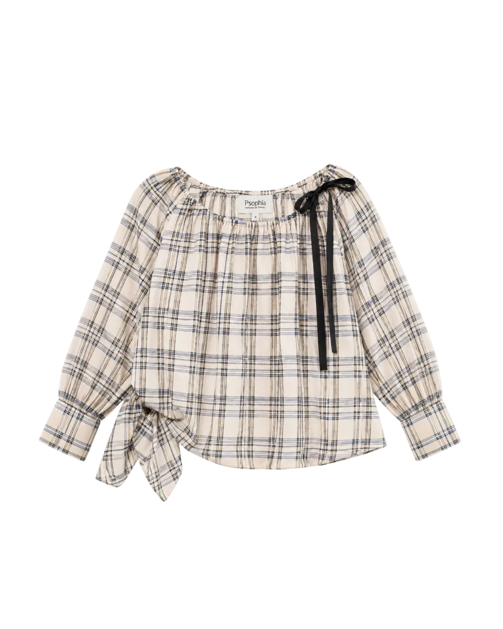 Bardot Blouse with Drawstring Detail - Beige Plaid