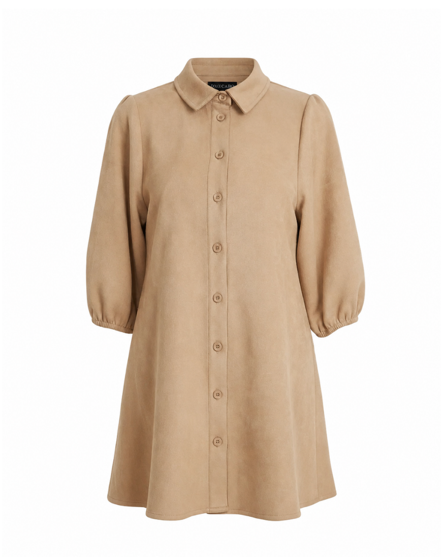 Faux Suede Puff Sleeve Shirt Dress - Sand