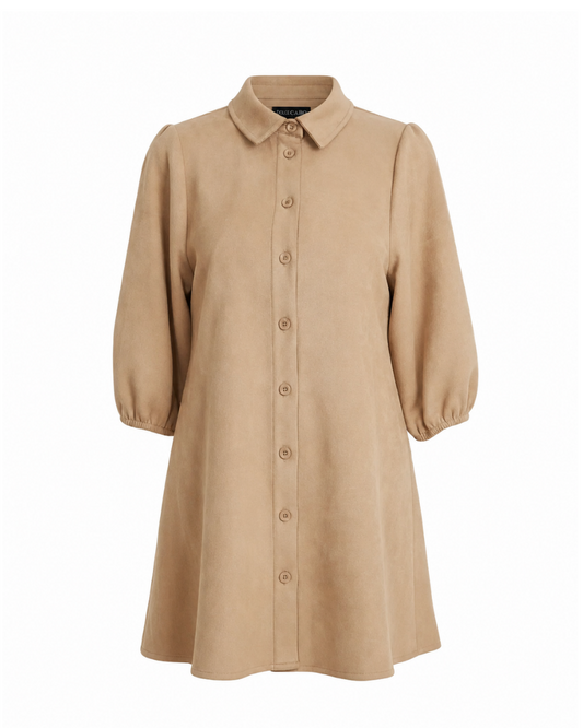 Faux Suede Puff Sleeve Shirt Dress - Sand