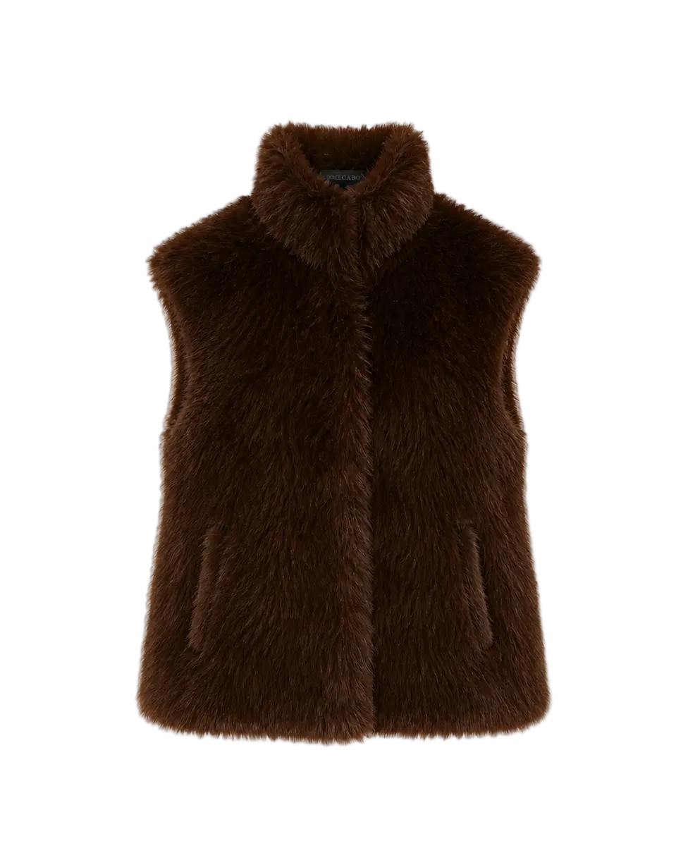 Faux Fur Stand Up Collar Vest - Brown