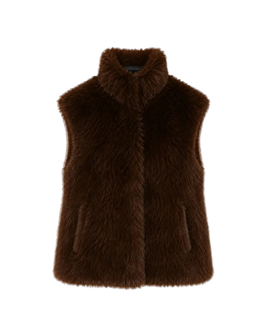 Faux Fur Stand Up Collar Vest - Brown