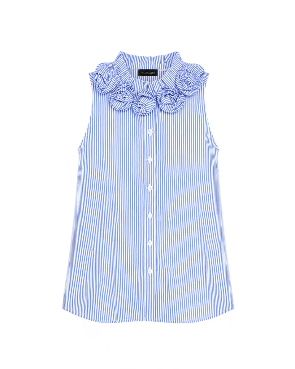 Poplin Stripe Rose Bud Top - Blue Stripe