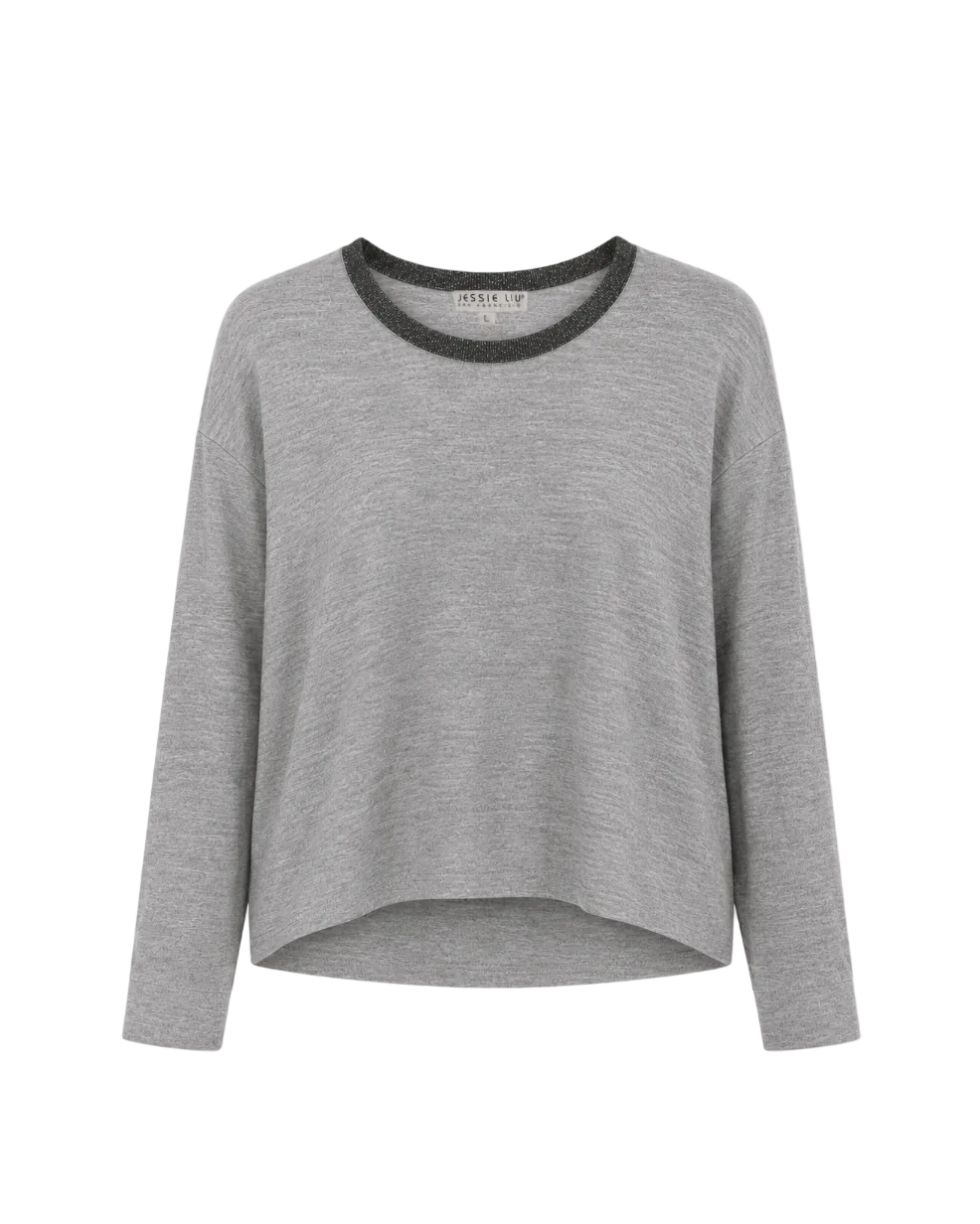Silk Merino Wool Sweater with Rhinestone Trim - Grey