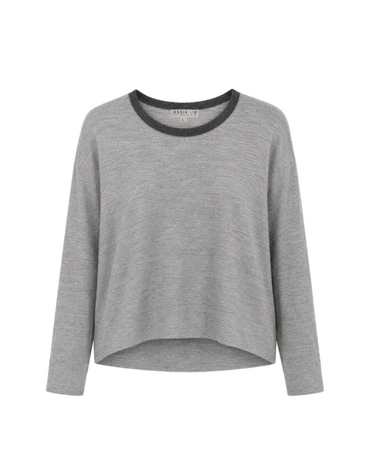 Silk Merino Wool Sweater with Rhinestone Trim - Grey