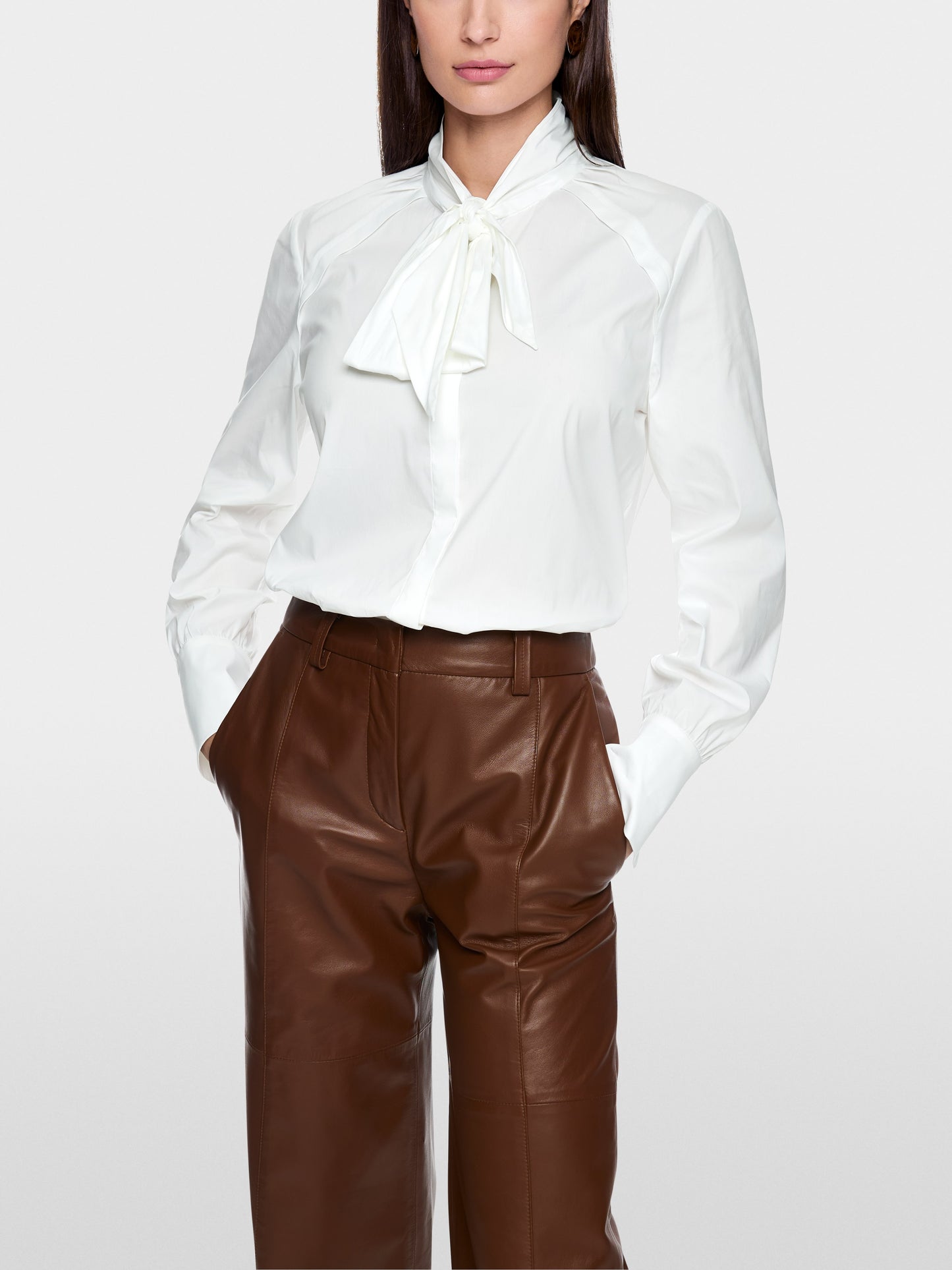 Cotton Stretch Bow Blouse - White