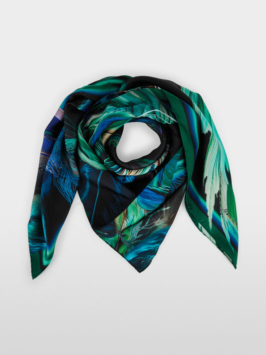 Silk Scarf with Mystical Feather Print - Dark Jade Green