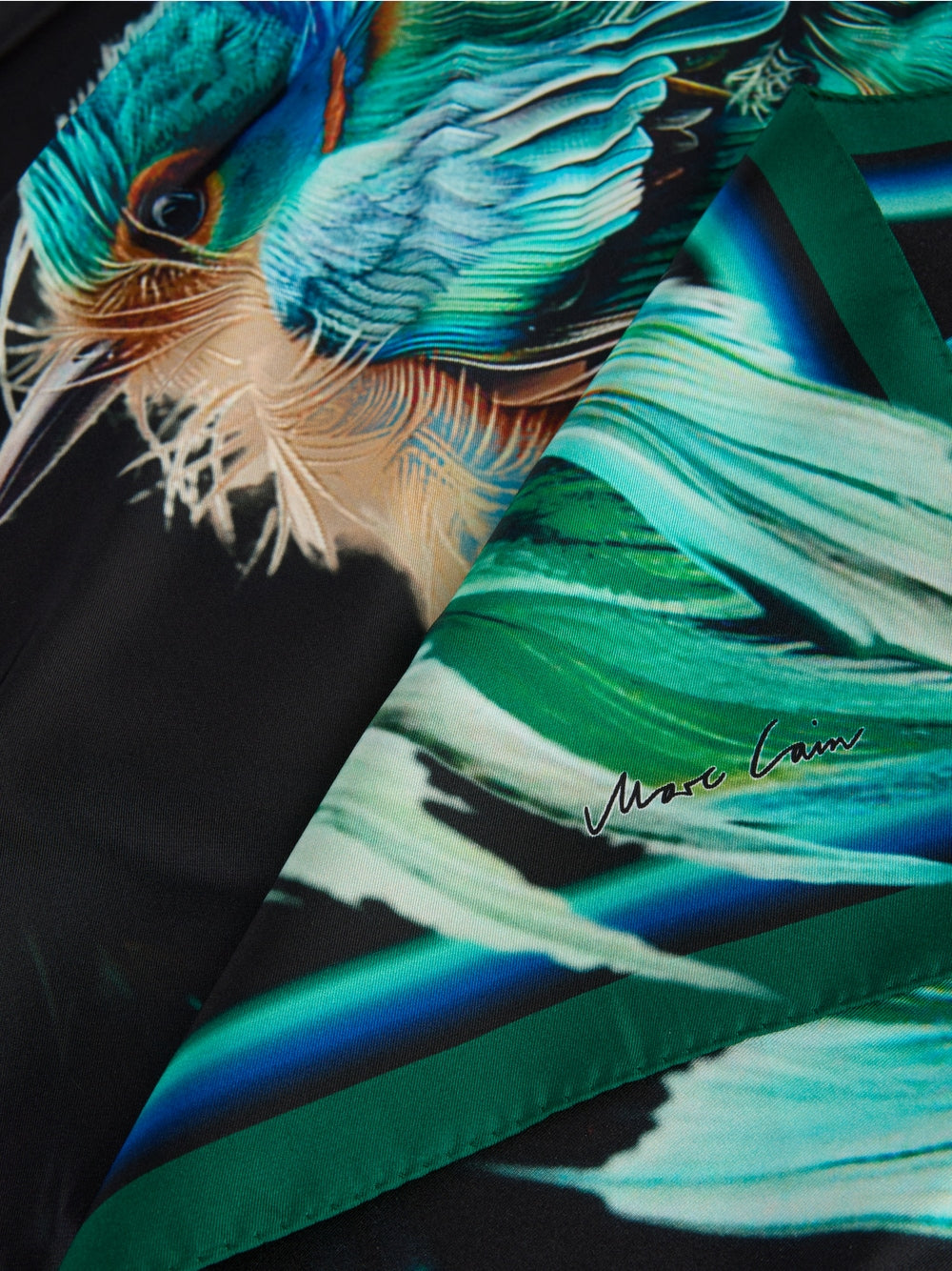 Silk Scarf with Mystical Feather Print - Dark Jade Green