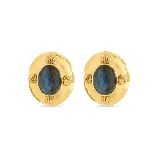 Cleopatra Oval Earrings Hammered - Gold & Blue Labradorite