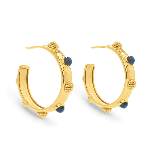 Cleopatra Hoop Earrings - Hammered Gold & Blue Labradorite