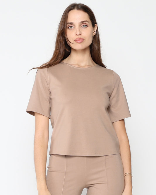 Ponte Knit Short Sleeve Top Extended - Khaki