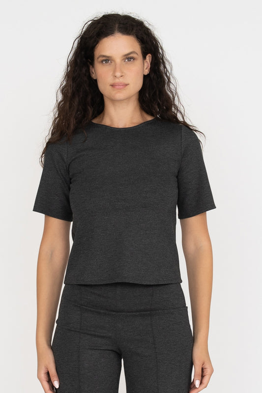 Ponte Knit Extended Short Sleeve Top - Charcoal