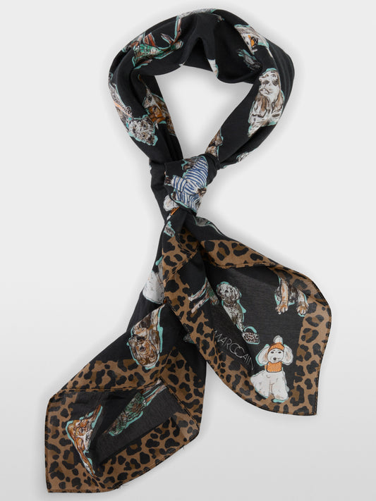 Cotton Silk Scarf with Dog Motif - Black