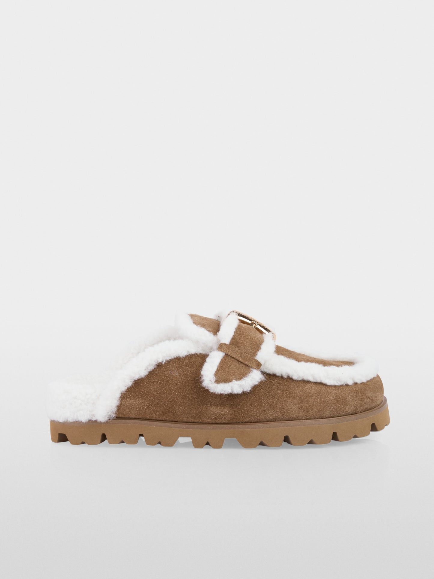 Calfskin Suede Loafers with Buckle - Milk Coffee