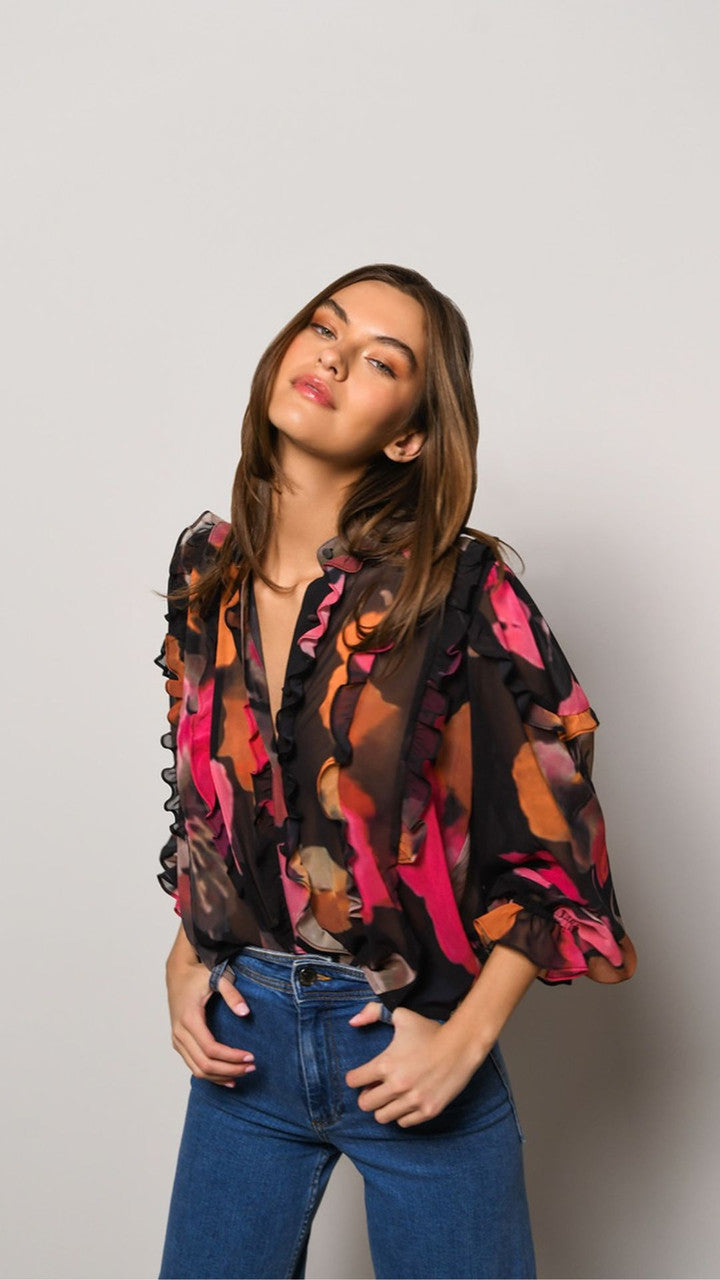 Bianca Ruffle Button Front Top - Black Romantic Watercolor Floral