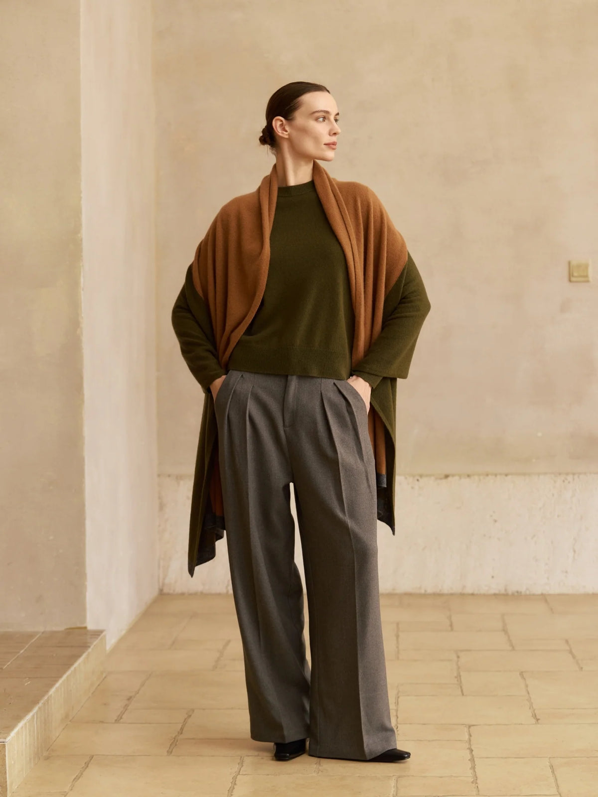 Colorblock Cashmere Travel Wrap - Olive & Deep Chestnut