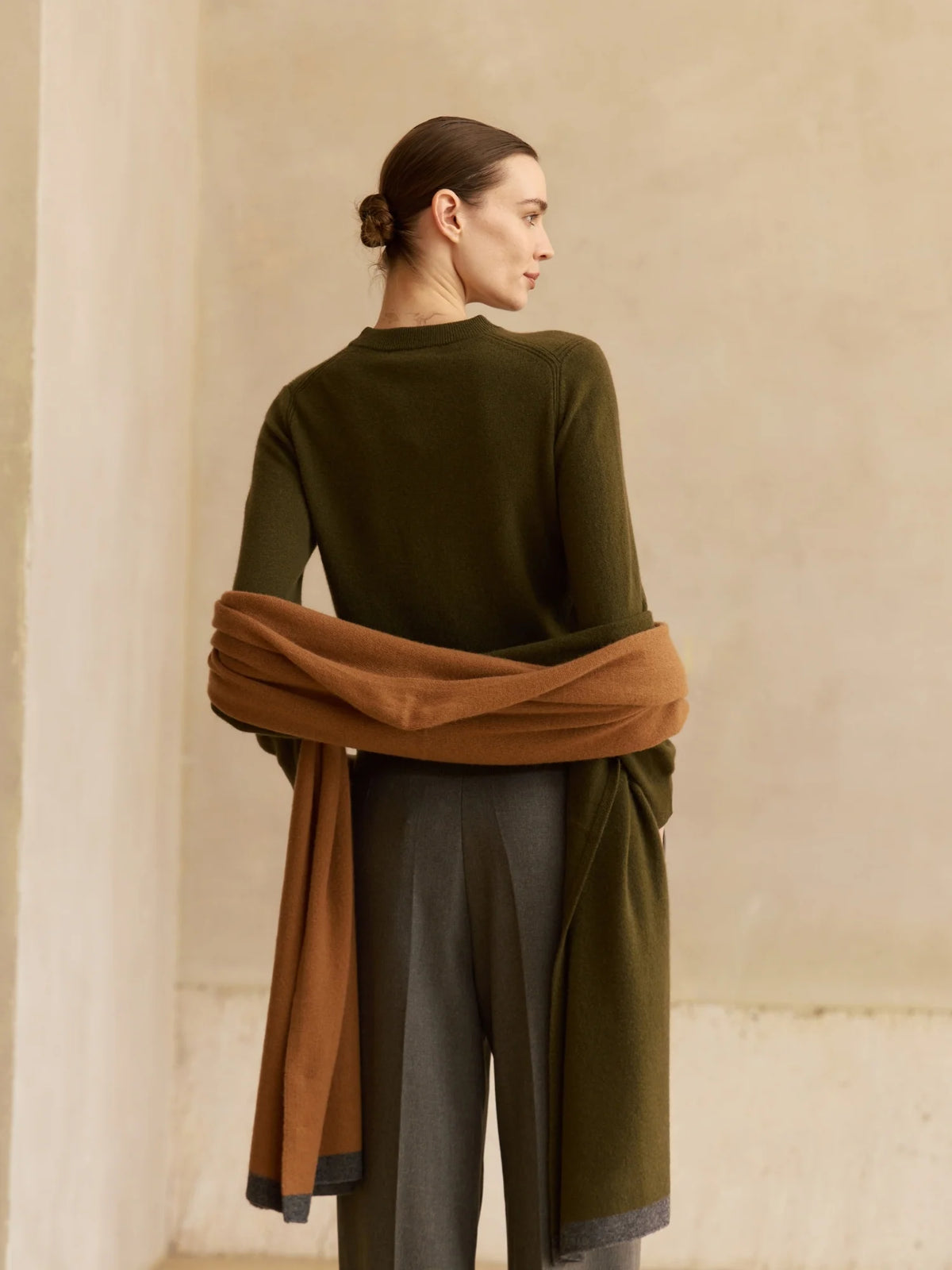 Colorblock Cashmere Travel Wrap - Olive & Deep Chestnut