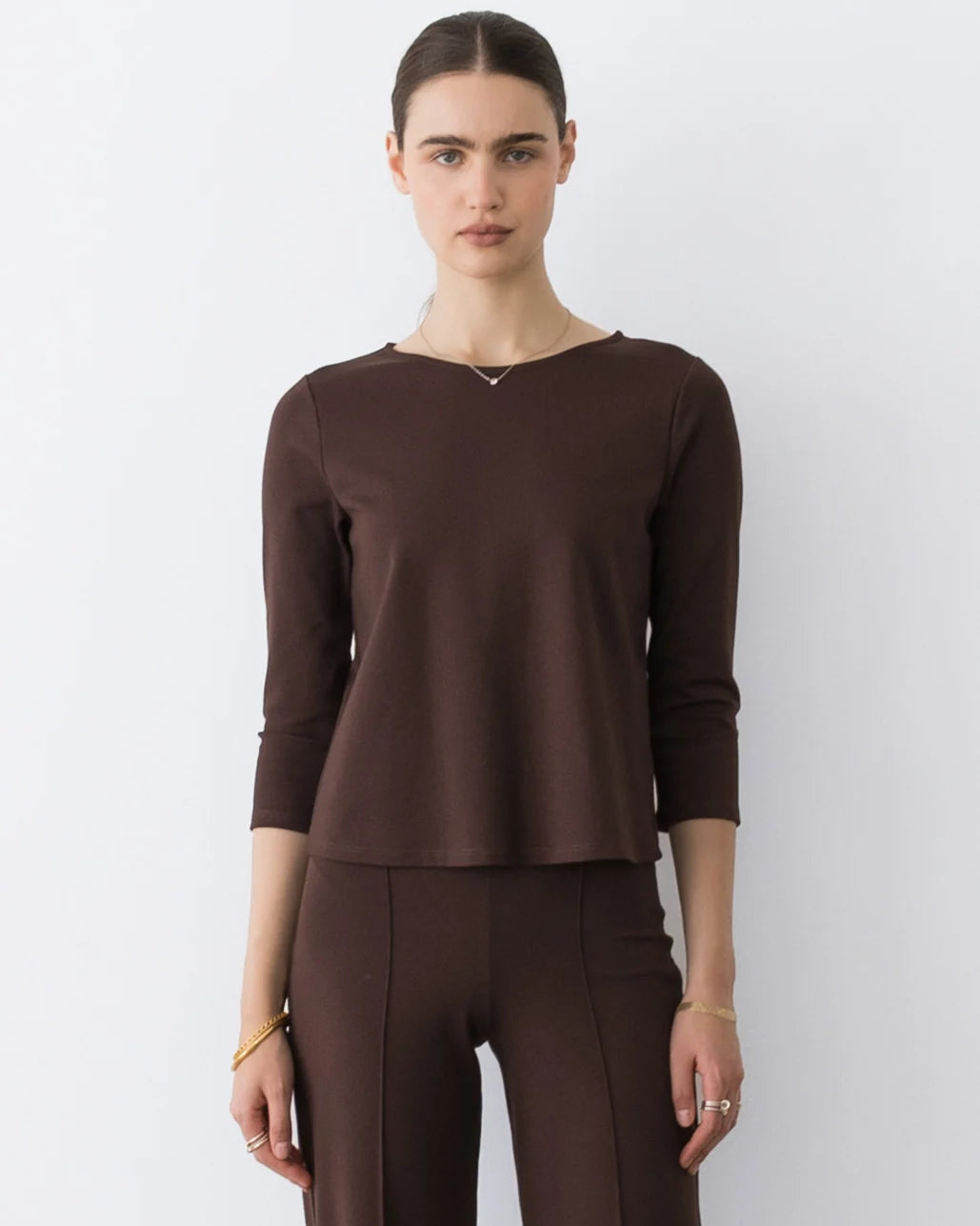 Ponte Knit Extended 3/4 Sleeve Top - Chocolate