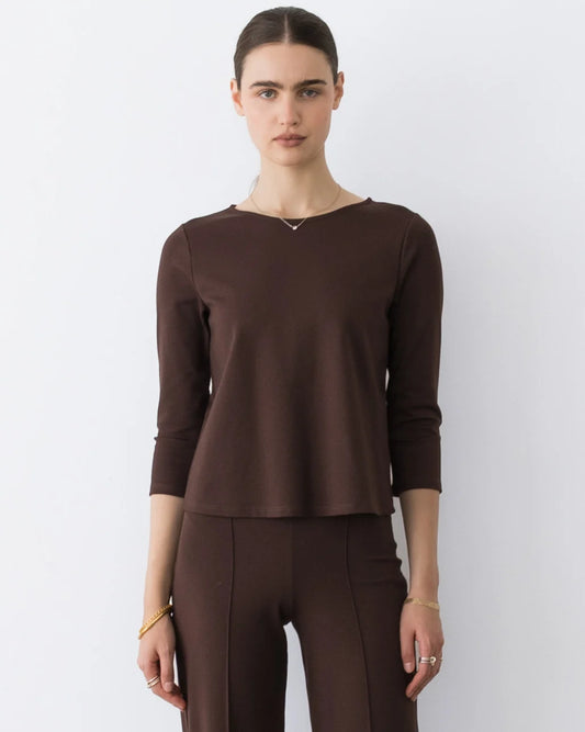 Ponte Knit Extended 3/4 Sleeve Top - Chocolate