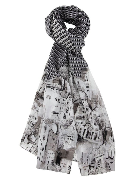 Silk Scarf with Paris Print - Black & White