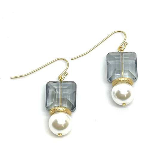 Square Grey Crystal & Glass Pearl Matte Gold Earrings