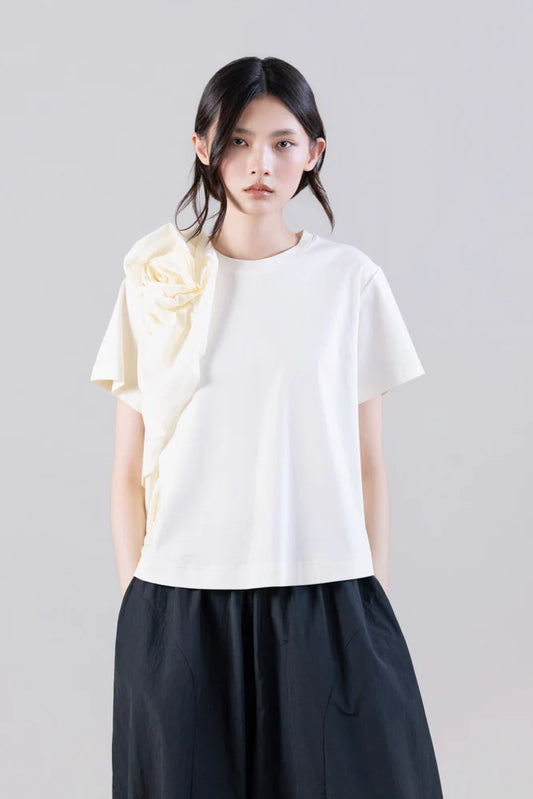 Sculptural Rosette Cotton T-Shirt - Ivory