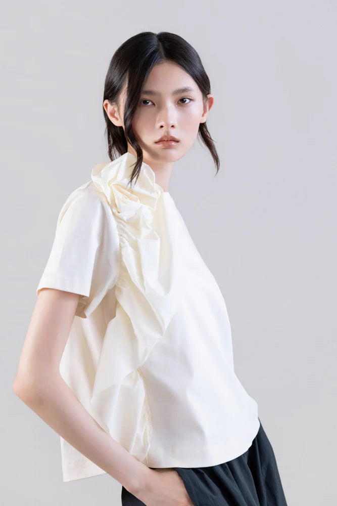 Sculptural Rosette Cotton T-Shirt - Ivory