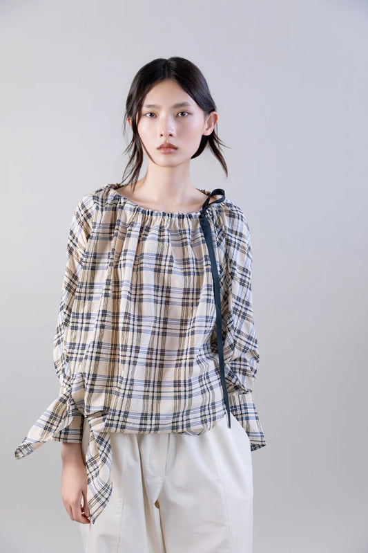 Bardot Blouse with Drawstring Detail - Beige Plaid