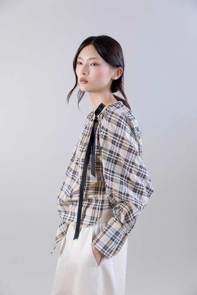 Bardot Blouse with Drawstring Detail - Beige Plaid