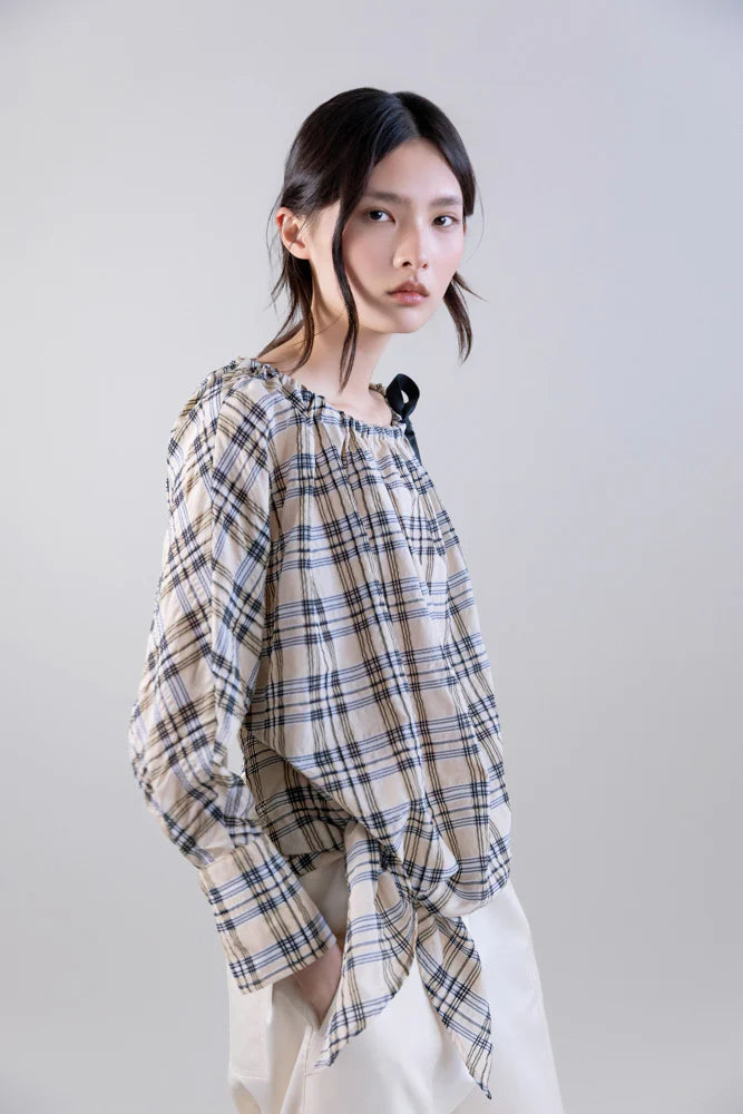 Bardot Blouse with Drawstring Detail - Beige Plaid