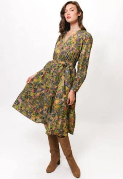 Long Sleeve Tie Waist Midi Dress - Muted Whimsy Floral