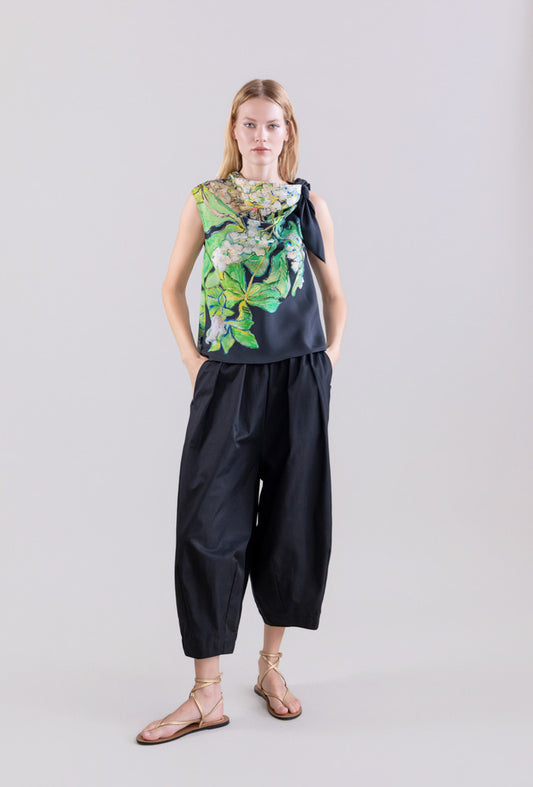 Floral Side Tie Top - Black