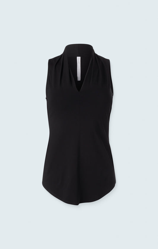 Matte Jersey Sleeveless Pleated V-neck Top - Black