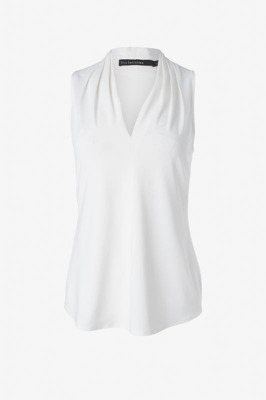 Matte Jersey Sleeveless Pleated V-neck Top - Ivory