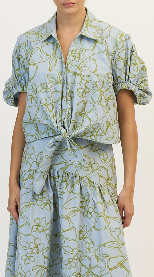 Embroidered Linework Floral Zoanne Top - Bluebell/Pear Green