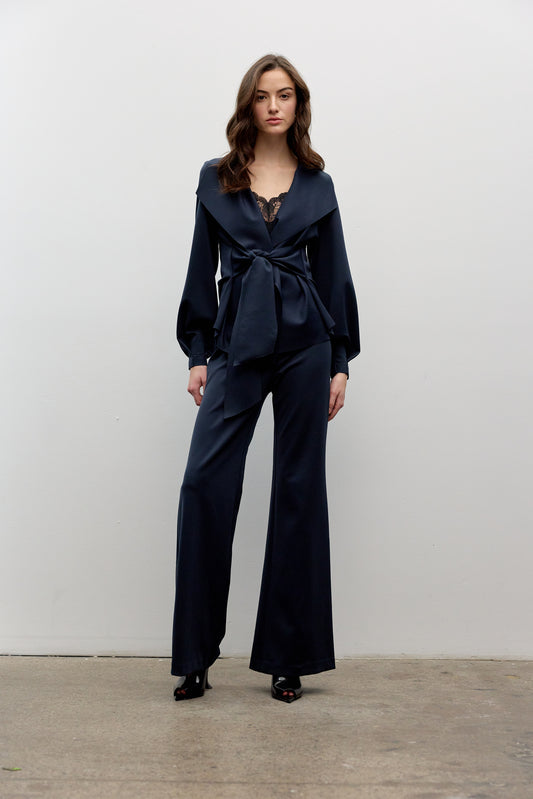 Raw Edge Belted Jacket - Navy