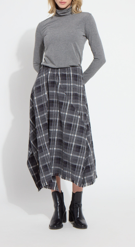 Anniston Asymmetric Fringe Skirt - Winter Brushed Plaid